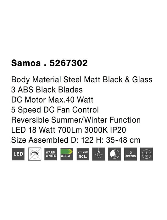 SAMOA Fan Body Material Steel Matt Black&Glass 3ABS White Blades