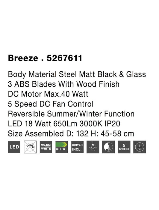 BREEZE Fan Body Material Steel Matt Black&Glass 3ABS Blades with Wood