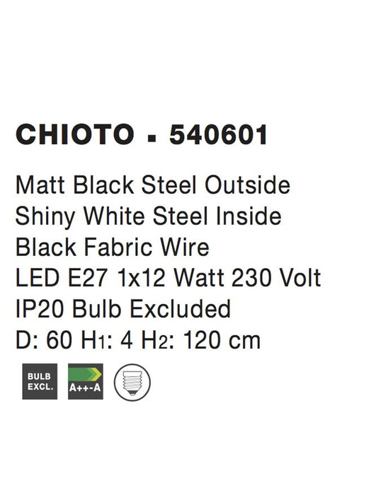 CHIOTO Matt Black Steel Outside Shiny White Steel Inside LED E27 1x12W IP20 Bulb Excluded D: 60 H: 120 cm
