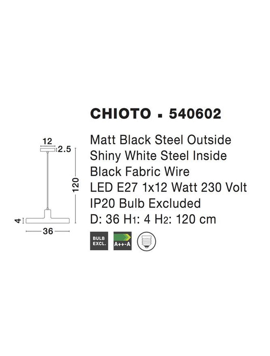 CHIOTO Matt Black Steel Outside Shiny White Steel Inside LED E27 1x12W IP20 Bulb Excluded D: 36 H: 120 cm