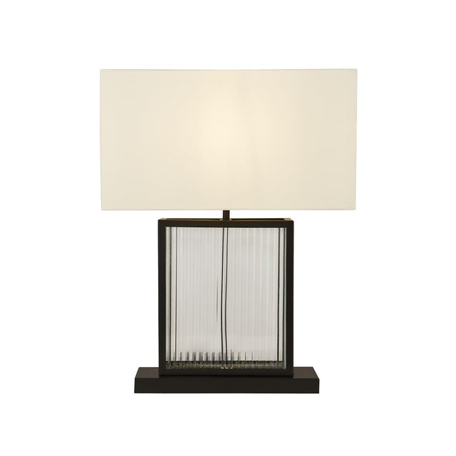 CLARENDON 1LT TABLE LAMP, TEMPERED GLASS, VELVET OFF WHITE SHADE. MATT BLACK