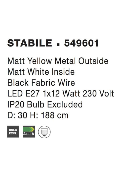 STABILE Matt Yellow Metal Outside Matt White Inside LED E27 1x12 Watt IP20 Bulb Excluded D: 30 H: 188 cm