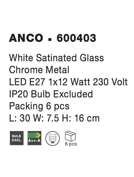 ANCO Wall Lamp Satinated White Glass Chrome Metal LED E27 1x12W L:30 W:7,5 H:16cm