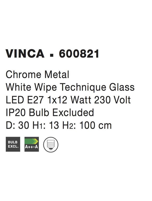 VINCA Pendant Light Chrome Metal White Wipe Technique Glass LED E27 1x12W D: 30 H1: 13 H2: 100 cm