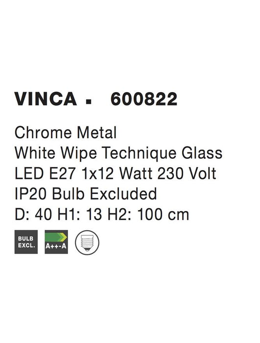 VINCA Pendant LightChrome Metal White Wipe Technique Glass LED E27 1x12W D: 40 H1: 13 H2: 100 cm