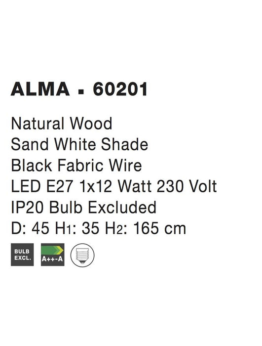 ALMA Natural Wood Sand White Shade Black Fabric Wire LED E27 1x12W Bulb Excluded D:45 H1:35H2: 165cm