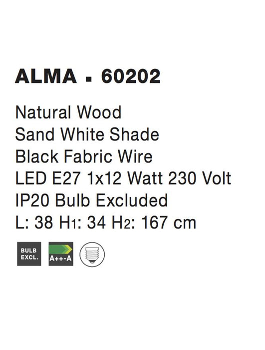 ALMA Natural Wood Sand White Shade Black Fabric Wire LED E27 1x12W Bulb Excluded L: 38 H1:34 H2:167 cm
