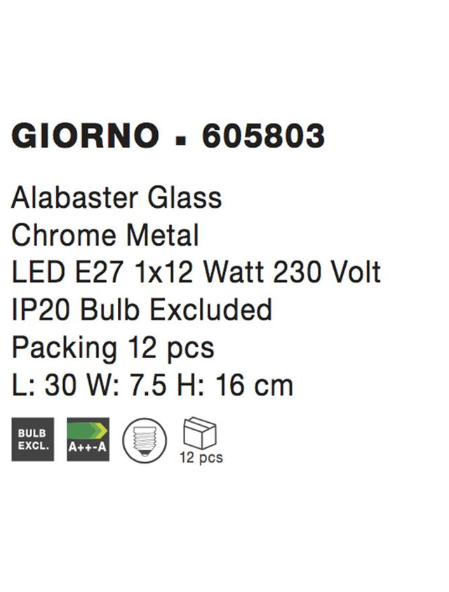 GIORNO Wall Lamp Alabaster Glass Chrome Metal LED E27 1x12W L:30 H:16cm