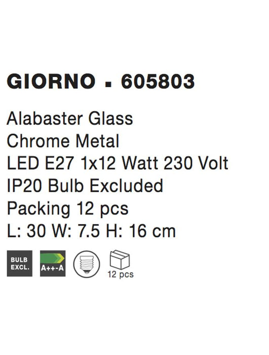GIORNO Wall Lamp Alabaster Glass Chrome Metal LED E27 1x12W L:30 H:16cm