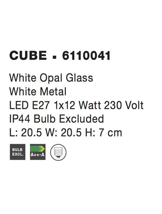 CUBE Ceiling Light IP44 White Opal Glass LED E27 1x12W L:20.5 H:7cm
