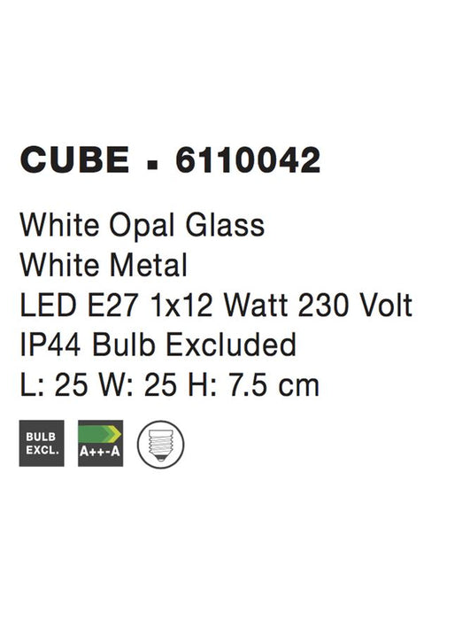 CUBE Ceiling Light IP44 White Opal Glass LED E27 1x12W L:25 H:7.5cm