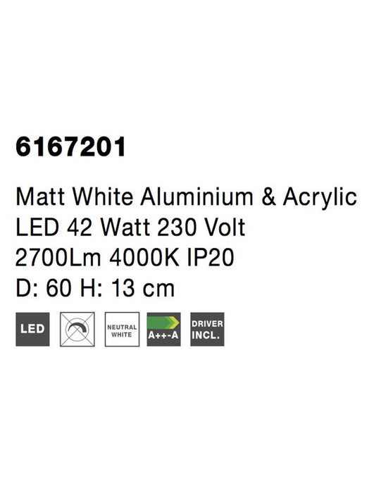 RANDO Matt White Aluminium & Acrylic LED 42 Watt 230 Volt 2700Lm 4000K IP20 D: 60 H: 13 cm