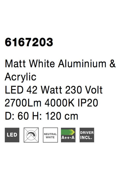 RANDO Matt White Aluminium & Acrylic LED 42 Watt 230 Volt 2700Lm 4000K IP20 D: 60 H: 120 cm