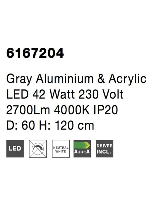 RANDO Gray Aluminium & Acrylic LED 42 Watt 230 Volt 2700Lm 4000K IP20 D: 60 H: 120 cm