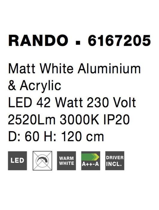RANDO Matt White Aluminium & Acrylic LED 42 Watt 230 Volt 2520Lm 3000K IP20 D: 60 H: 120 cm