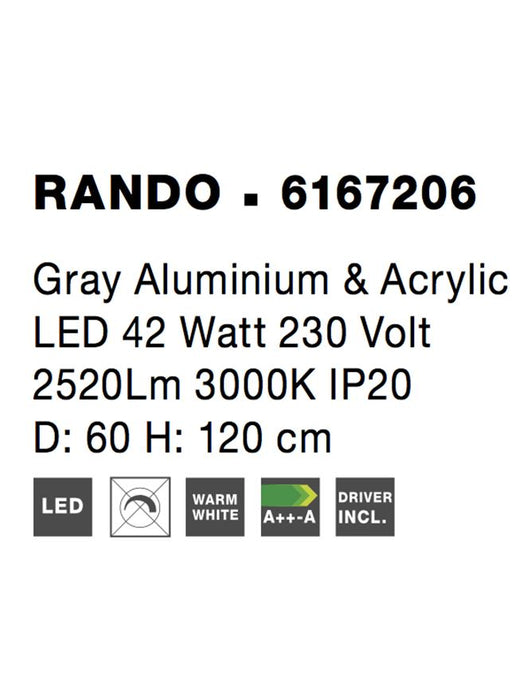 RANDO Gray Aluminium & Acrylic LED 42 Watt 230 Volt 2520Lm 3000K IP20 D: 60 H: 120 cm