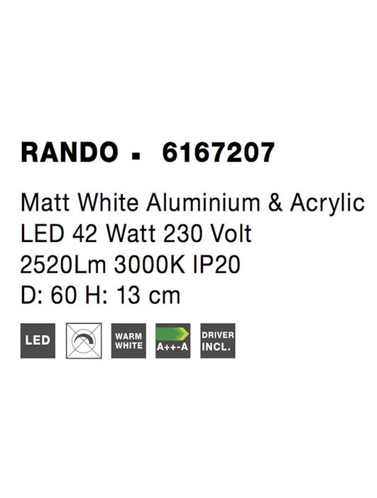 RANDO Matt White Aluminium & Acrylic LED 42 Watt 230 Volt 2520Lm 3000K IP20 D: 60 H: 13 cm
