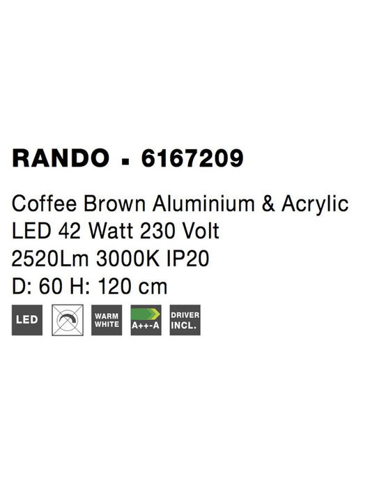 RANDO Coffee Brown Aluminium & Acrylic LED 42 Watt 230 Volt 2520Lm 3000K IP20 D: 60 H: 120 cm