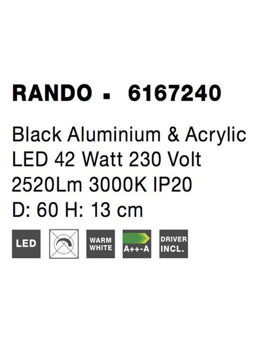 RANDO Black Aluminium & Acrylic LED 42 Watt 230 Volt 2520Lm 3000K IP20 D: 60 H: 13 cm