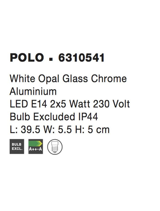 POLO White Opal Glass Chrome Aluminium LED E14 2x5W Bulb Excluded IP44 L: 39.5 W: 5.5 H: 5 cm