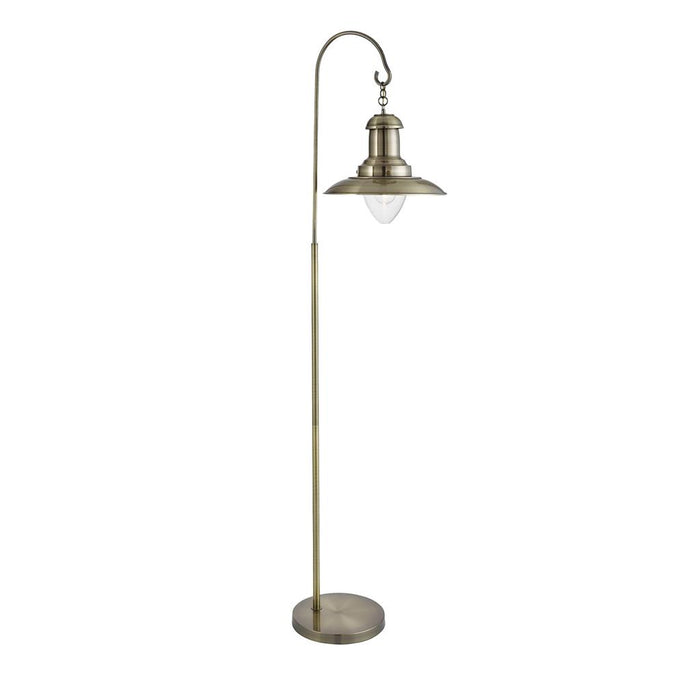 FISHERMAN FLOOR LAMP, ANTIQUE BRASS, CLEAR GLASS SHADE