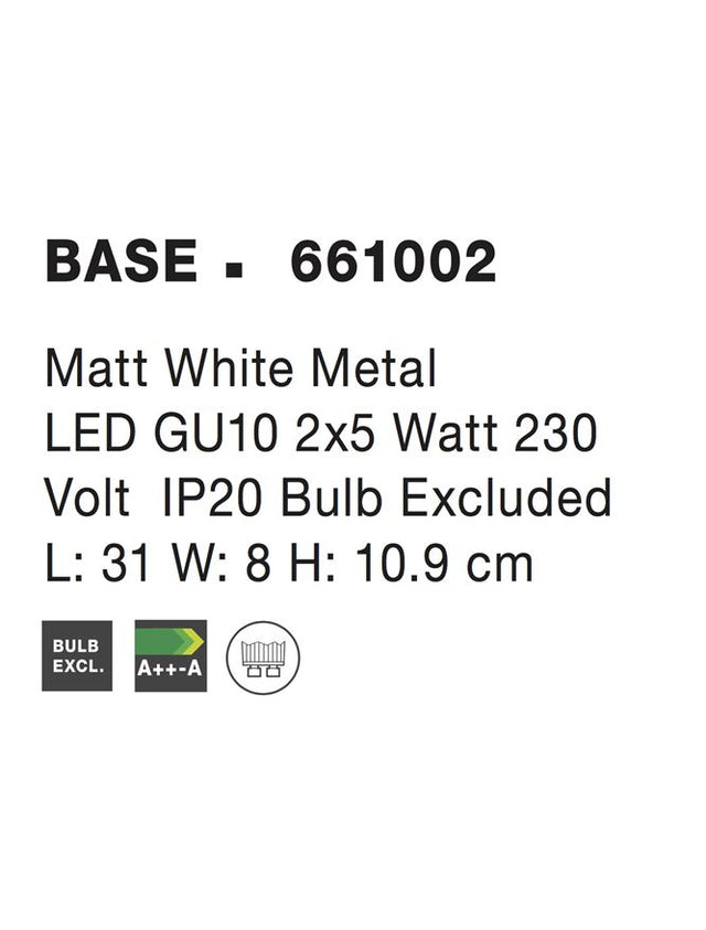 BASE Matt White Metal LED GU10 2x5 Watt IP20 Bulb Excluded L: 31 W: 8 H: 10.9 cm