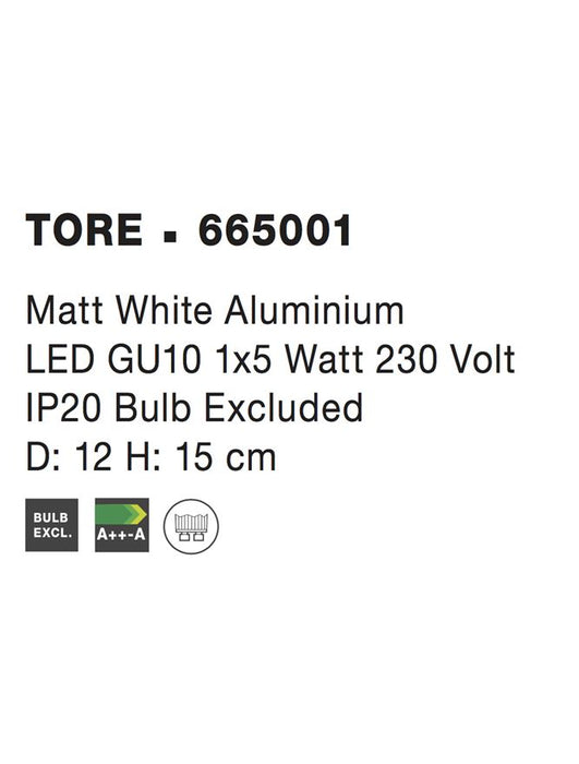 TORE Matt White Aluminium LED GU10 1x10 Watt 230 Volt IP20 Bulb Excluded D: 12 H: 15 cm