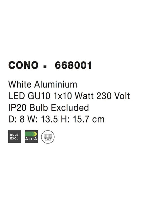 CONO White Aluminium LED GU10 1x10 Watt 230 Volt IP20 Bulb Excluded D: 8 W: 13.5 H: 15.7 cm