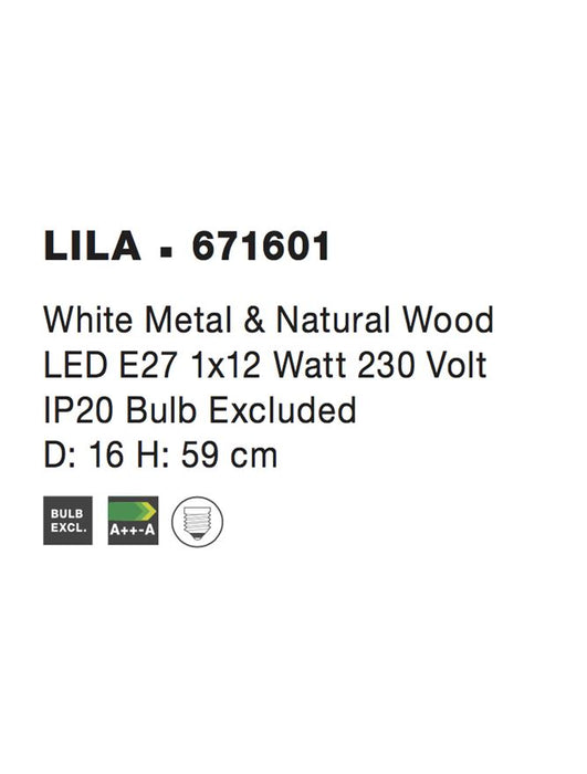 LILA White Metal & Natural Wood LED E27 1x12 Watt 230 Volt IP20 Bulb Excluded D: 16 H: 59 cm