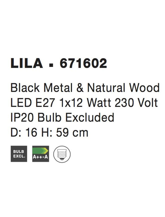 LILA Black Metal & Natural Wood LED E27 1x12 Watt 230 Volt IP20 Bulb Excluded D: 16 H: 59 cm