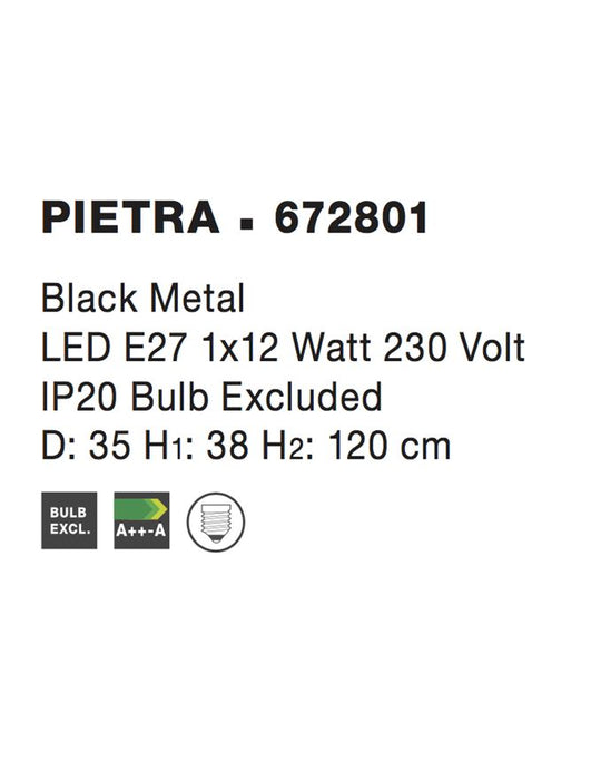 PIETRA Pendant Light Black Metal LED E27 1x12 Watt D:35 H1:38 H2:120cm
