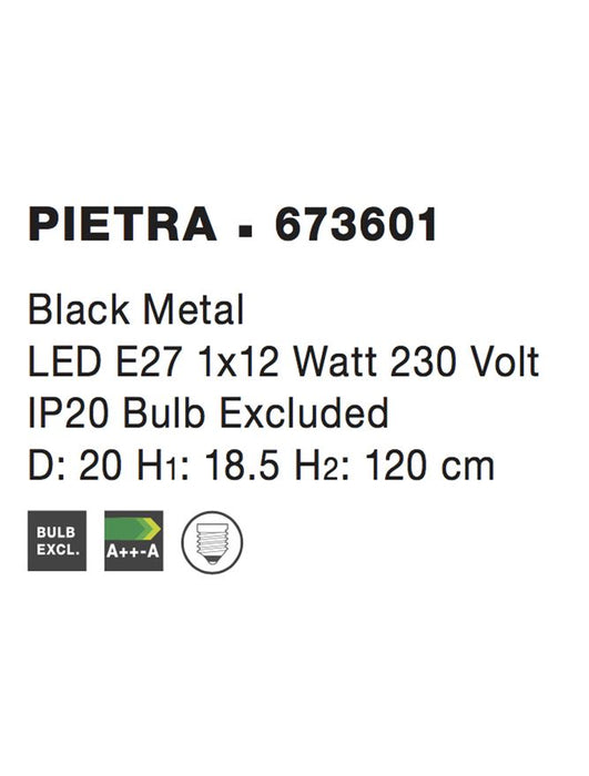 PIETRA Pendant Light Matt Black Metal Black & White Fabric Wire LED E27 1x12W D: 17 H1: 22.5 H2: 120 cm