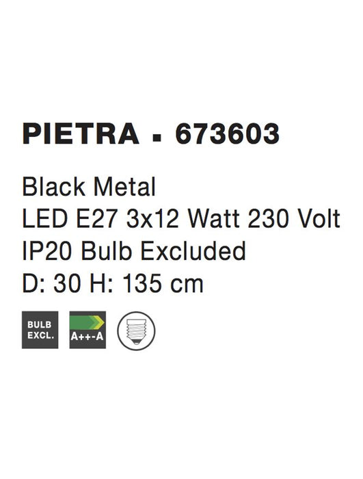 PIETRA Pendant Light Black Metal LED E27 3x12 W D:30 H:135cm