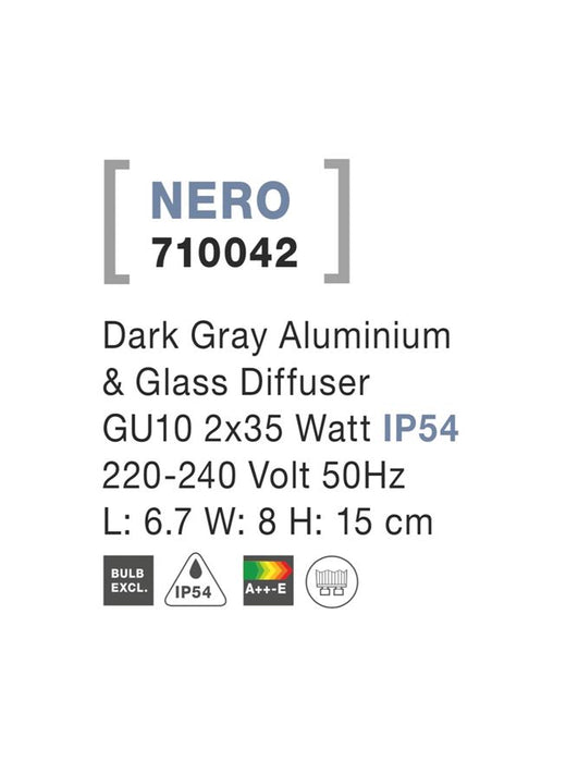 NERO Dark Gray Aluminium & Glass Diffuser GU10 2x35 Watt L: 6.7 W: 8 H: 15 cm IP54