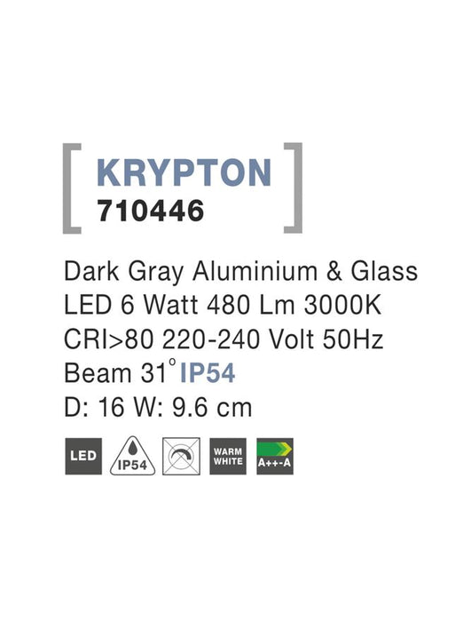 KRYPTON Dark Gray Aluminium & Glass LED 6 Watt 480 Lm 3000K D: 16 W: 9.6 cm IP54