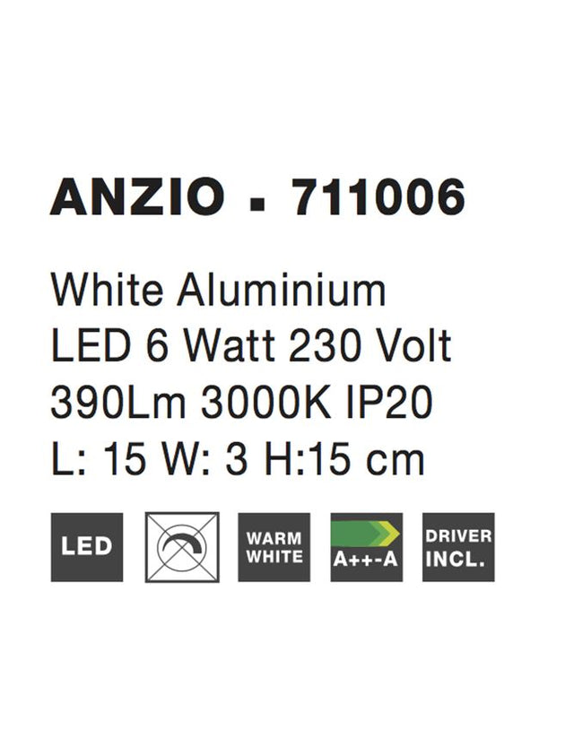 ANZIO Wall Lamp White Aluminium LED 6 Watt 390Lm 3000K L: 15 W: 3 H:15