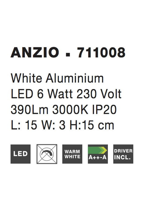 ANZIO Wall Lapm White Aluminium LED 6 Watt 390Lm 3000K L: 15 W: 3 H:15