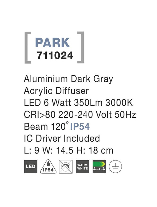 PARK Dark Gray Alum. Acrylic Diffuser LED 6 Watt 350Lm 3000K L: 9 W: 14.5 H: 18 cm IP54
