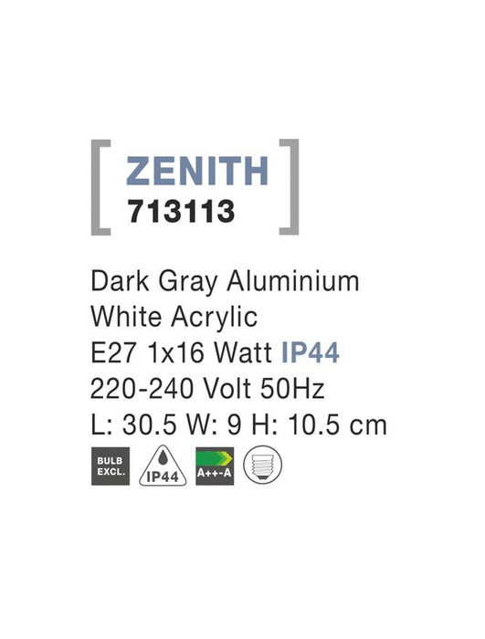 ZENITH Dark Gray Alum. White Acrylic E27 1x16 Watt L: 30.5 W: 9 H: 10.5 cm IP44