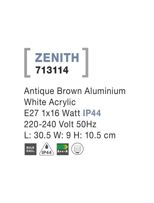 ZENITH Antique Brown Alum. White Acrylic E27 1x16 Watt L: 30.5 W: 9 H: 10.5 cm IP44