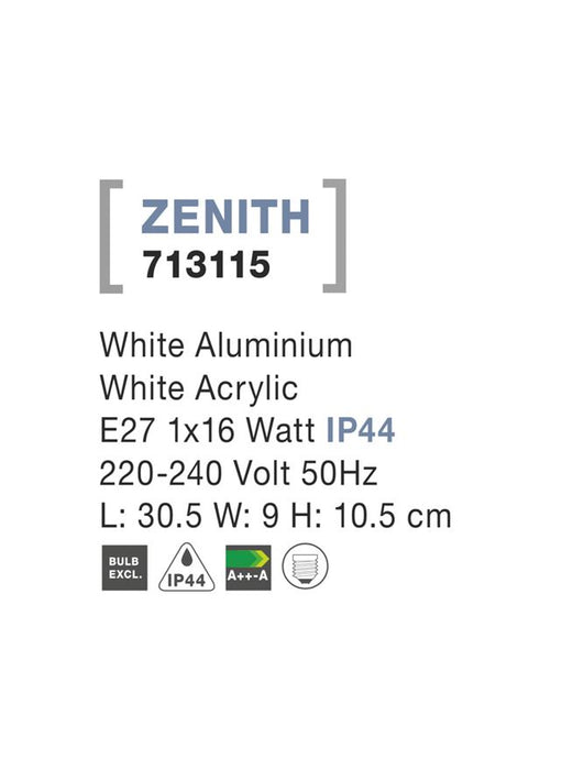 ZENITH White Aluminium White Acrylic E27 1x16 Watt L: 30.5 W: 9 H: 10.5 cm IP44