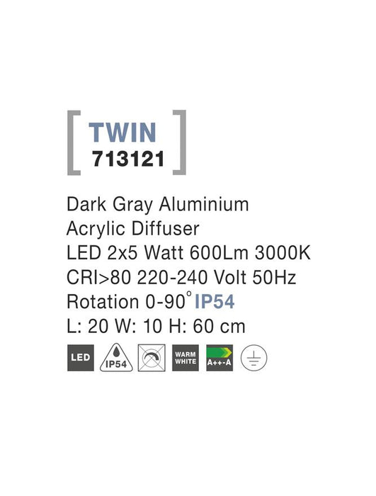 TWIN Dark Gray Aluminium Acrylic Diffuser LED 2x5 Watt 600Lm 3000K L: 20 W: 10 H: 60 cm
