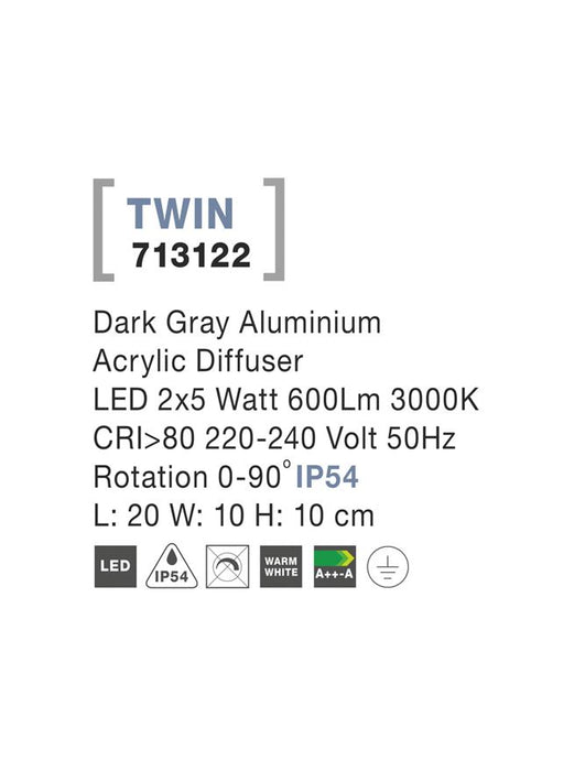 TWIN Dark Gray Aluminium Acrylic Diffuser LED 2x5 Watt 600Lm 3000K L: 20 W: 10 H: 10 cm