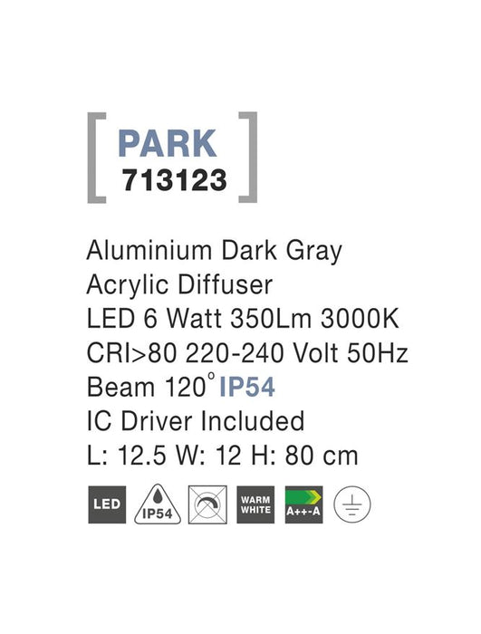 PARK Dark Gray Alum. Acrylic Diffuser LED 6 Watt 350Lm 3000K L: 12.5 W: 12 H: 80 cm IP54