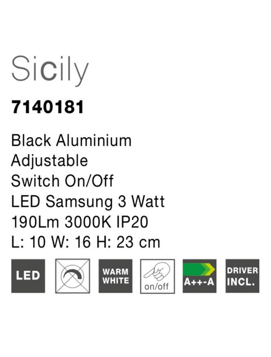 SICILY Wall Light Sand Black Aluminium LED 3W 3000K 190Lum L:10 W:16 H:23cm