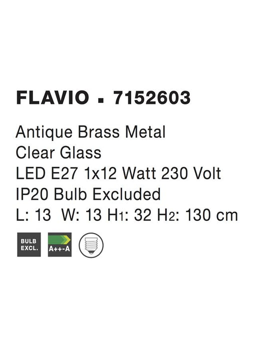 FLAVIO Antique Metal Brass Clear Glass LED E27 1x12 Watt 230 Volt IP20 Bulb Excluded L: 13 H1: 32 H2: 130 cm