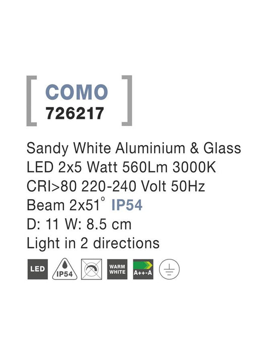COMO Sandy White Alum. & Glass LED 2x5 Watt 560Lm 3000K 2 sides light D: 11 W: 8.5 cm IP54