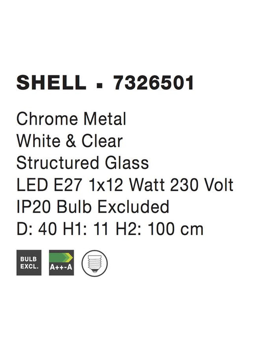 SHELL Pendant Light Chrome Metal White & Clear Structured Glass LED E27 1x12Watt D:40 H1:11 H2:100cm
