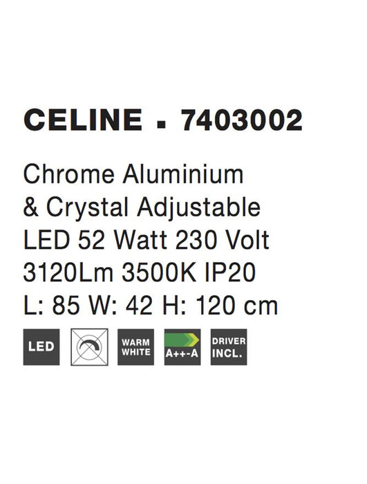 CELINE Chrome Aluminium & Crystal Adjustable LED 52 Watt 3120Lm 3000K IP20 L: 85 W: 42 H: 120 cm