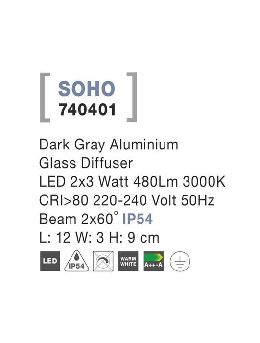 SOHO Dark Gray Alum. Glass Diffuser LED 2x3 Watt 480Lm 3000K L: 12 W: 3 H: 9 cm IP54